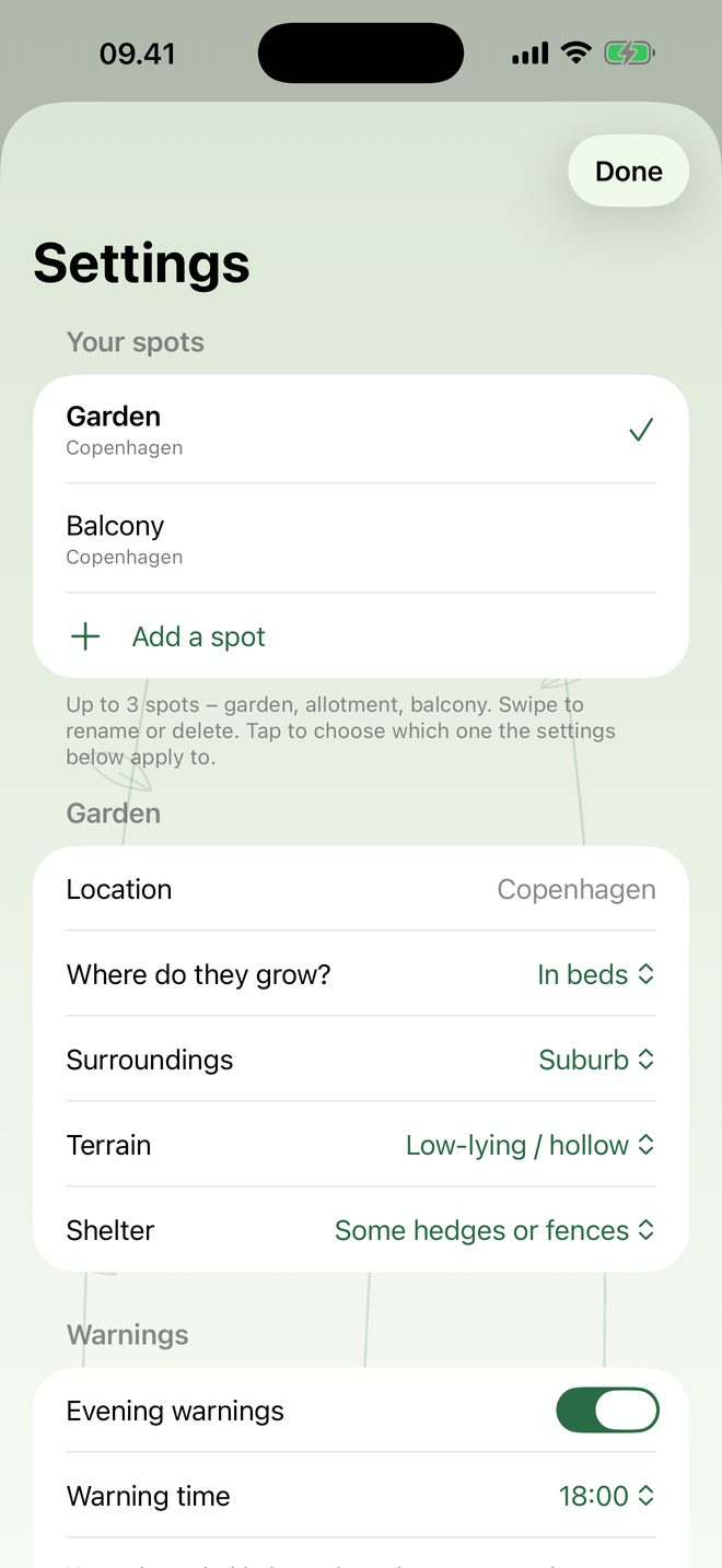 Settings screen with garden profile: in beds, suburb, low-lying, some hedges